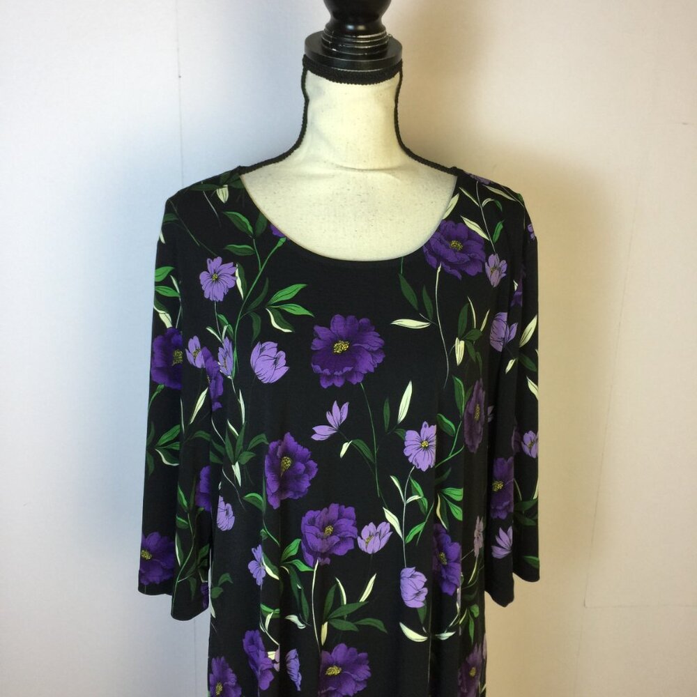 New! Leota Blouse Tunic Top XL Black Purple Floral Knit 3/4 Flare Sleeve - Picture 14 of 16